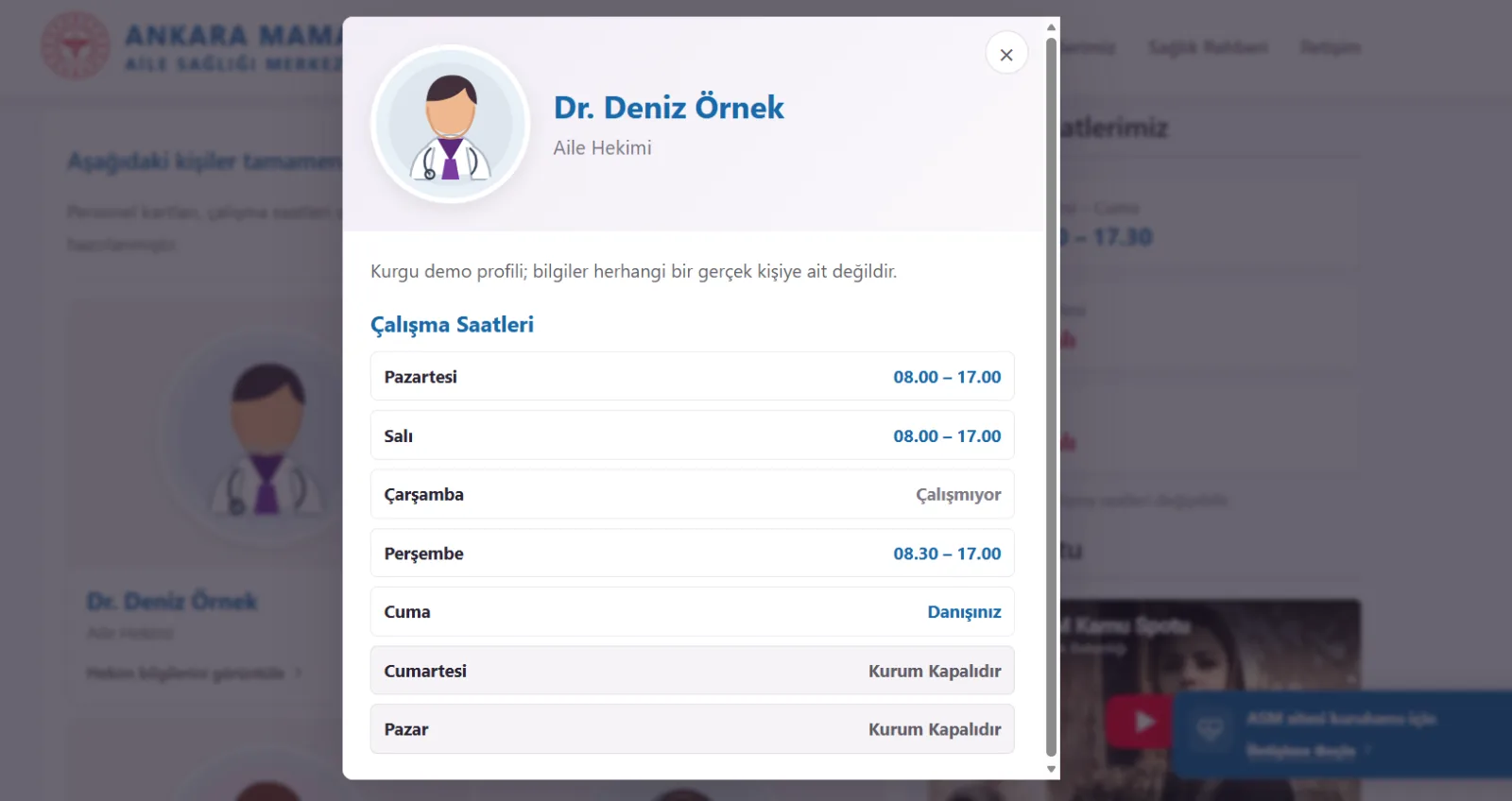 ASM Pro hekim profili ve kişiye özel çalışma saatleri görünümü