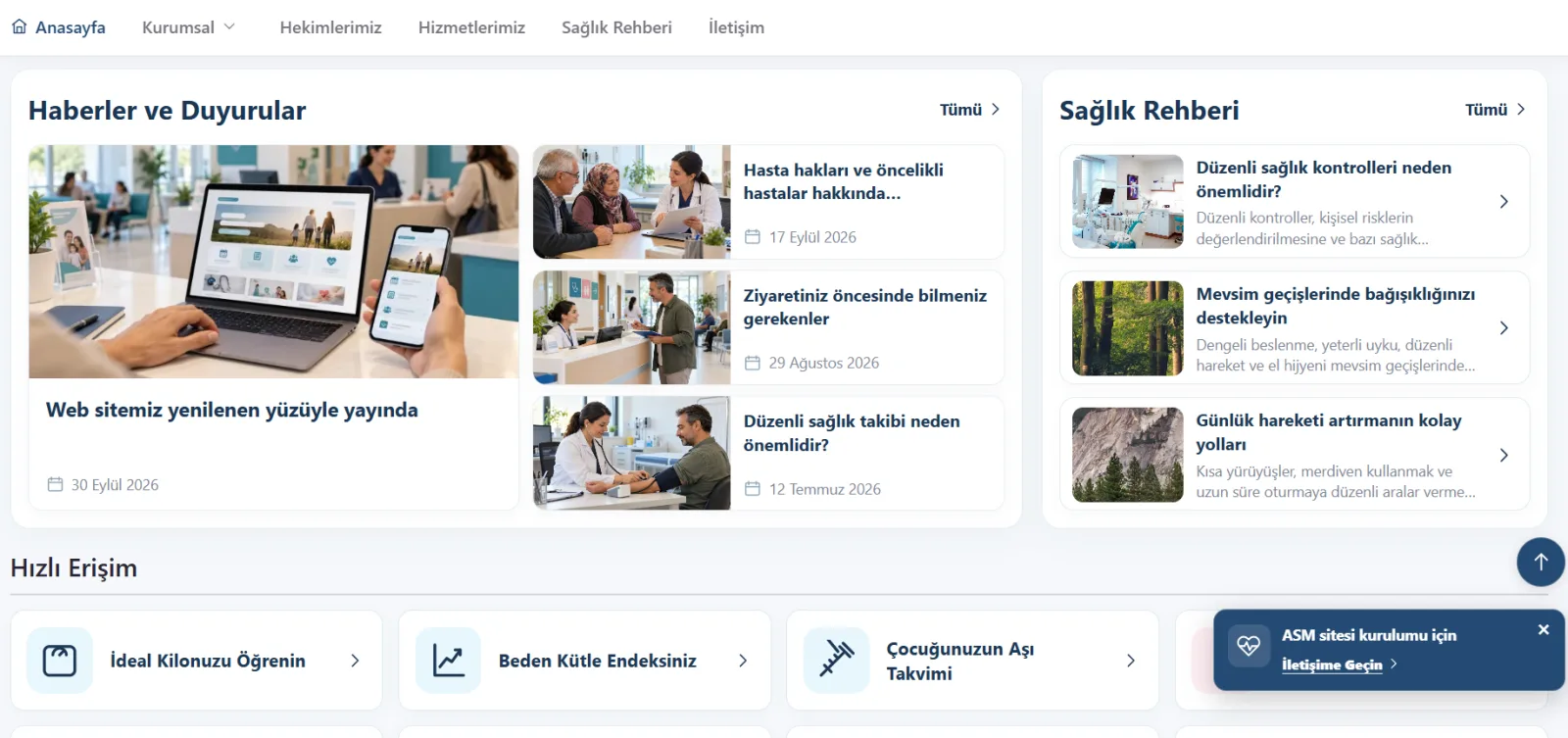 ASM Pro haberler, duyurular, sağlık rehberi ve hızlı erişim alanları