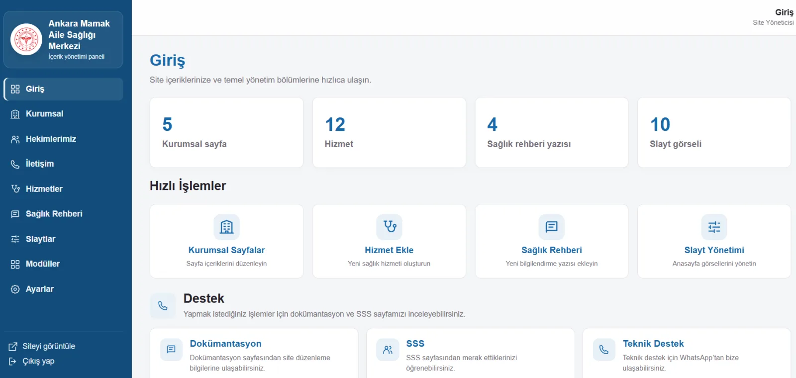 ASM Pro web sitesi yönetim paneli giriş ve hızlı işlemler ekranı